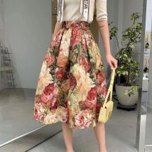Französisch Malerei Floral Elegante Chic Hohe Taille Ballkleid Lose frauen Rock Knielangen Lange Röcke Für Frauen Kleidung mode