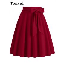 Tonval Gürtel eine Linie Vintage-Stil festen Rock für Frauen Sommer taschen Seite elegante knielange Swing Röcke