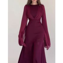 Lady Elegant High Waist Chiffon Long Dress Fashion Color Blocked Flare Long Sleeve Party Dress Sexy O-neck Lace Up Evening Dress