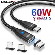 USLION PD 60W Magnetyczny kabel do szybkiej ładowarki do iPhone'a 15 14 Pro Xiaomi 13 USB C do Micro lub Type C Przewód do transmisji danych do laptopa Macbook