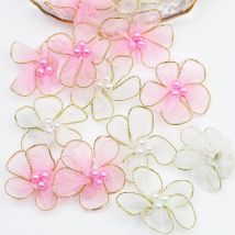 (30 teile/paket) 3,5 cm Fünf blütenblatt perle blume handgemachte blume gold grenze schnee gaze fünf blütenblatt blume nagel perle handgemachte dekoration