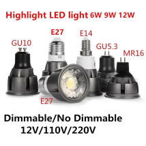 Lampadina LED super luminosa dimmerabile GU10/GU5.3/E27/E14/MR16 COB 6W 9W 12W 85-265V 12V faretto bianco caldo/bianco freddo