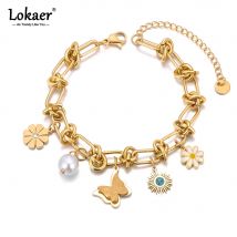 Lokaer Neue Design Schmetterling Blume Charm Armband Edelstahl Gold Farbe Rostfrei Schmuck für Frauen Drop Shipping B25024