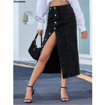 Damen Button-up-Jeans rock lässig hoch taillierte feste schwarze Röcke in seitlich geteiltem Saum dehnbare lange Maxi-Bleistift röcke