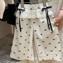 2023 frühling Baby Mädchen Bogen Hose Lose Spitze Gespleißt Alle Druck Bogen Gerade Hose Für Kleine Mädchen Lose Kinder Mädchen breite Bein Hosen