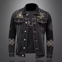 Herren Vintage Motorrad Jeansjacke Frühling Herbst Slim & Loose Fit besticktes Revers Baumwolle Lässig Schwarz Blau Trendige Mode