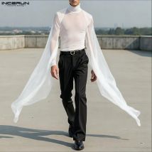 INCERUN Men T Shirt Mesh Patchwork Turtleneck Long Sleeve See Through Men Clothing Streetwear Sexy Fashion Irregular Tee Tops