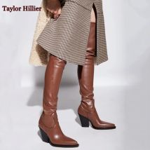 Braune Overknee-Stiefel aus echtem Leder für Damen, spitze, dicke Absätze, Slip-On-Socken, modische High-Heel-Stiefel für Damen, Winter 45