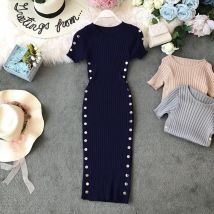 Chic Stricken O Neck Zweireiher, Figurbetontes Kleid Kurzarm Frauen Elegante Koreanische Mode Vestidos Sommer Bleistift Kleid