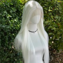 Elf Cosplay Weiße 13x4 Lace-Front-Perücken für Frauen, synthetisch, 66 cm lang, gerade, freier Teil, 150 % Dichte, leimlos, halb handgebunden