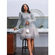 Pailletten funkeln des Mini kleid für Frauen Straußen feder Saum sexy Rundhals ausschnitt Langarm schlanke High Street elegante Herbst kleider