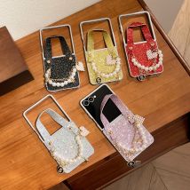 Glänzendes Pulver-Perlen-Herz-Armband, kompatibel mit Samsung Z Flip 7, 6, 5, 4, 3, Handyzubehör, silberne Handyhülle