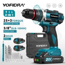YOFIDRA-taladro de impacto eléctrico, 25 + 3 torques, inalámbrico de mano, 3 en 1, herramienta eléctrica para carpintería, Pin de batería Makita de 21V