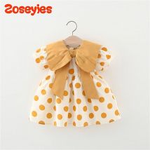 Sommer Baby Mädchen Kleid Polka Dot Schleife Revers Kurzarm knielangen täglichen Baumwoll rock