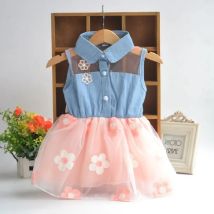 Sommerkleid für Kinder, Blumen-Mesh, Jeanskleid für Babys, Revers-Mädchen-Kleidung, neues Produkt im Jahr 2023