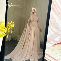 SSYTENS Elegante Chiffon-Abendkleider, muslimisches Abendkleid mit langen Ärmeln, Hochzeitsgast, bescheidenes Dubai-Abschlussballkleid, Boden, individuell gestaltet