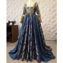Historisches blaues italienisches Renaissance-Kleid aus dem 15. Jahrhundert, Borgia-Kostümkleid, mittelalterliches Vintage-Kleid mit Hoffee und Perlen, Ballkleid