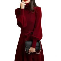 Turtleneck Women Warm Knit Sweater Dress 2022 Autumn Winter Lantern Sleeve Knitted Dress Burgundy Black Long Party Dresses