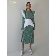 Clacive elegante lose schlanke Damen kleid lässig O-Ausschnitt Langarm Büro Midi Kleider Mode Rüschen Patchwork weibliches Kleid