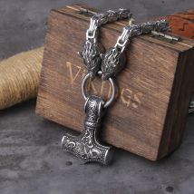 Herren Viking-Halskette aus Edelstahl mit Doppel-Wolfskopf und Thors Hammer Mjölnir Anhänger, Nordisches Heidnisches Amulett Königsketten-Schmuck