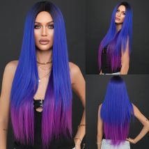 Namm synthetische lange gerade Perücken für Frauen blau lila Farbverlauf tägliche Party verwenden dunkle Wurzeln hohe Dichte geschichteten Haar Perücken
