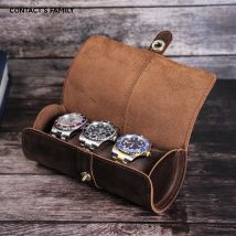CONTACT'S FAMILY Luxuriöser handgefertigter Uhrenrollbox-Organizer mit 3 Fächern, Uhren-Reise-Ledertasche, Halter für Männer und Frauen mit Schnalle