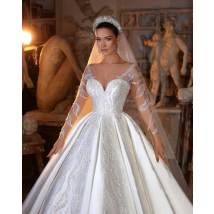 Maßgeschneidertes, elegantes Satin-Brautkleid mit Illusionsärmeln, Perlenapplikationen, Ballkleid-Stil, Brautkleid, Vestidos De Novia