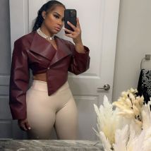 Women Faux Leather Jackets Short Coat Turn Down Collar Button Streetwear Jacket Irregular Long Sleeve Spliced Casual Summer