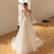 Charning Lange Ärmel, 3D-Blumen-Spitze-Applikation, Brautkleid in A-Linie, lange Puffärmel, 2026, Vestido De Noiva