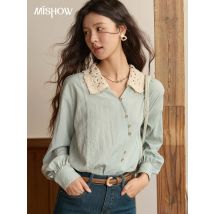 MISHOW Damen-Leinenhemd, 2025, Herbst, Kontrast, Aprikose, Revers, Langarm, gebogene Knopfleiste, Tops, Bürodame MXE43C2387