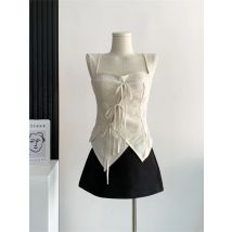 Vintage Spitze Patchwork Tie Up Design Frauen Leibchen 2023 Mode Neue Weiße Schleife Tank Tops Heiße Mädchen Asymmetrische Weste Clubwear