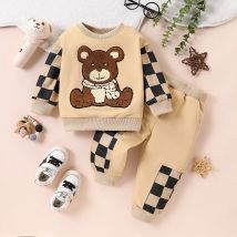 2-teiliges Set aus modischem und lässigem Teddybär für Babys, dreidimensional bestickt, gerippt, Rundhalsausschnitt, Patchwork, kariert, lang