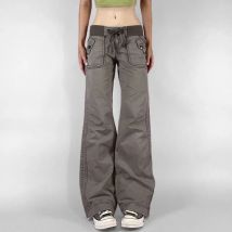 Retro Lace-up Low Rise Hosen Streetwear Patchwork Lose Beiläufige für Frauen Harajuku Gerade Hosen Koreanische Mode