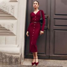 Talenza Herbst gestricktes langes Kleid mit Schlitz, einfarbig, gerippt, Patchwork-Cardigan, elegantes, schlankes Partykleid, gestricktes langes Damenkleid