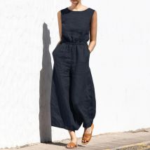 Frauen Einfarbig Baumwolle Und Leinen Overall Ärmel Tasche Hohe Taille Breite Beine Hosen Sets Casual Pendeln Damen Bodys