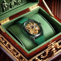Neue Herrenuhr mit goldgrünem Gürtel, Retro-Stil, edle und elegante Nachtlichtschnitzerei, vollautomatische mechanische Uhr