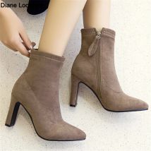 2025 New High Heel Boots Women Korean Style Autumn and Winter High Heel Stretch Thin Boots Pointed Toe Sock Boots Women Gray