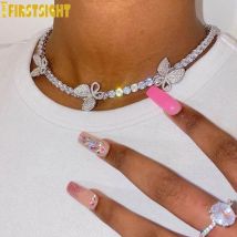 Silver Color Pink Butterflys Necklace Iced Out Bling 5A Zircon 5mm Tennis Chain Butterfly Choker Women Hip Hop Fashion Jewelry