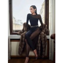 Tuta attillata Hipster Donna Tuta di mezzanotte Streetwear O-Collo Manica lunga Cerniera Sexy See Through Mesh Pagliaccetti Tuta da donna