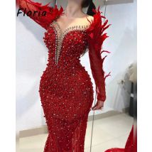 Bescheidene rote Meerjungfrau Hochzeits kleid Perlen Feder Meerjungfrau Frau formelle Party Kleider Perlen Langarm Abend Abendessen Party Kleider