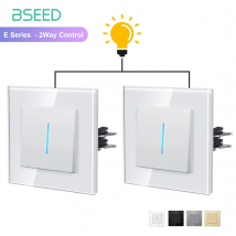 BSEED 1/2 Gang Wandlichtschalter Mechanische Knopfschalter 2-Wege für Treppen EU-Standard-Glasscheibe Blaue Hintergrundbeleuchtung 2er-Pack