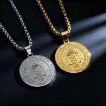 HNSP 316L Edelstahl San Benito Halskette Runde Medaillen-Anhänger Heiliger Benedikt Katholischer Religiöser Schmuck Accessoires Geschenk