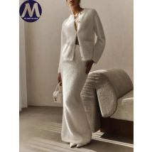 2-teiliges Set für Damen, Herbst und Winter, Kunstnerzfell, O-Ausschnitt, Strickpullover, Strickjacke, Anzüge, modische Slim-Fit-Büstenrock-Sets
