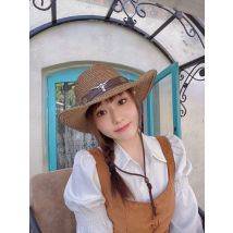 Ox Head Leather Band Casual Hollowed Out Women Men Retro Raffia Straw Wide Brim Beach Cap Cowboy Cowgirl Western Sun Hat (58cm