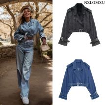 Frühling Revers gekerbter Kragen waschen blaue Jeans jacke Vintage Frauen Saum Schnalle Gürtel drapiert Jeans mantel coole Oberbekleidung 3 Farbe