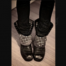 Black Turn Over Rivet Decor Boots Solid Round Toe Pretty Shoes for Women Square High Heels Shoes New Zapatos Para Mujere