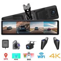 12''Rear View Mirror Camera 4-Channel Mirror Streaming with GPS BSD Blind Spot Detection 4K Front Lens+FHD1080Px3 Reverse Assist