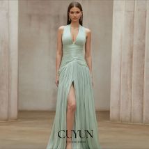 CUYUN Mint Green Deep V-Neck Prom Dresses Halter High Slit Sexy Evening Gown 2025 Women Customized A Line Pleated Party Dresses