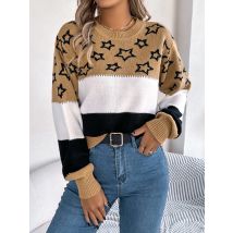 EVNISI Herbst und Winter Casual Streifen Kontrast Farbe Stern Rundhals Langarm Pullover Frauen Pullover 2024
