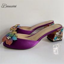 Colorful Rhinestone Flower Sandals Women Diamond Square Heel Slingbacks Luxury Satin Sequins Summer Mules For Girls